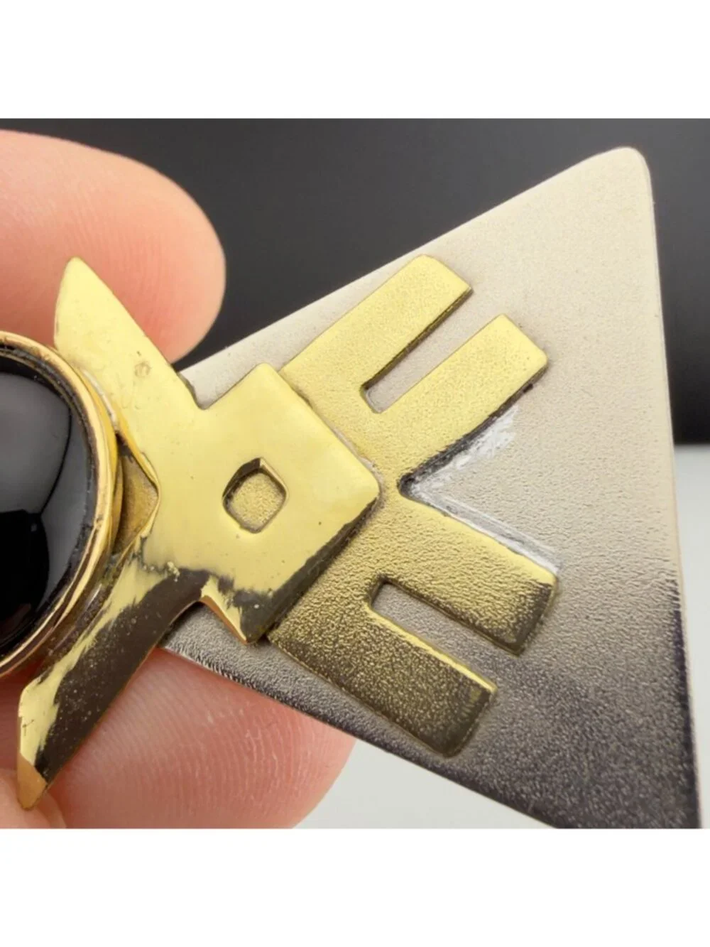 Vintage Modernist Geometric Brooch Black Cabochon Gold and Silver Tone Statement